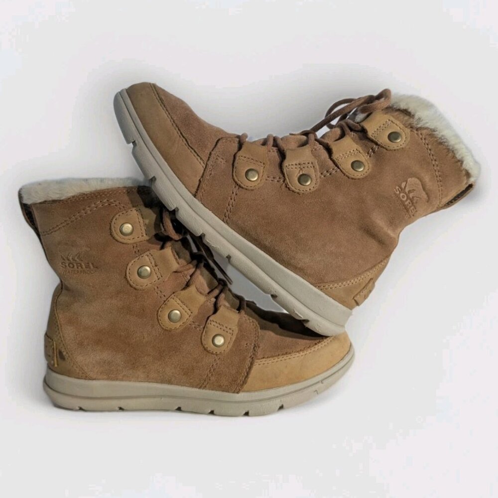 Sorel Winter Snow Boots Womens Sz 7 Explorer Joan Brown Leather Suede Faux Fur